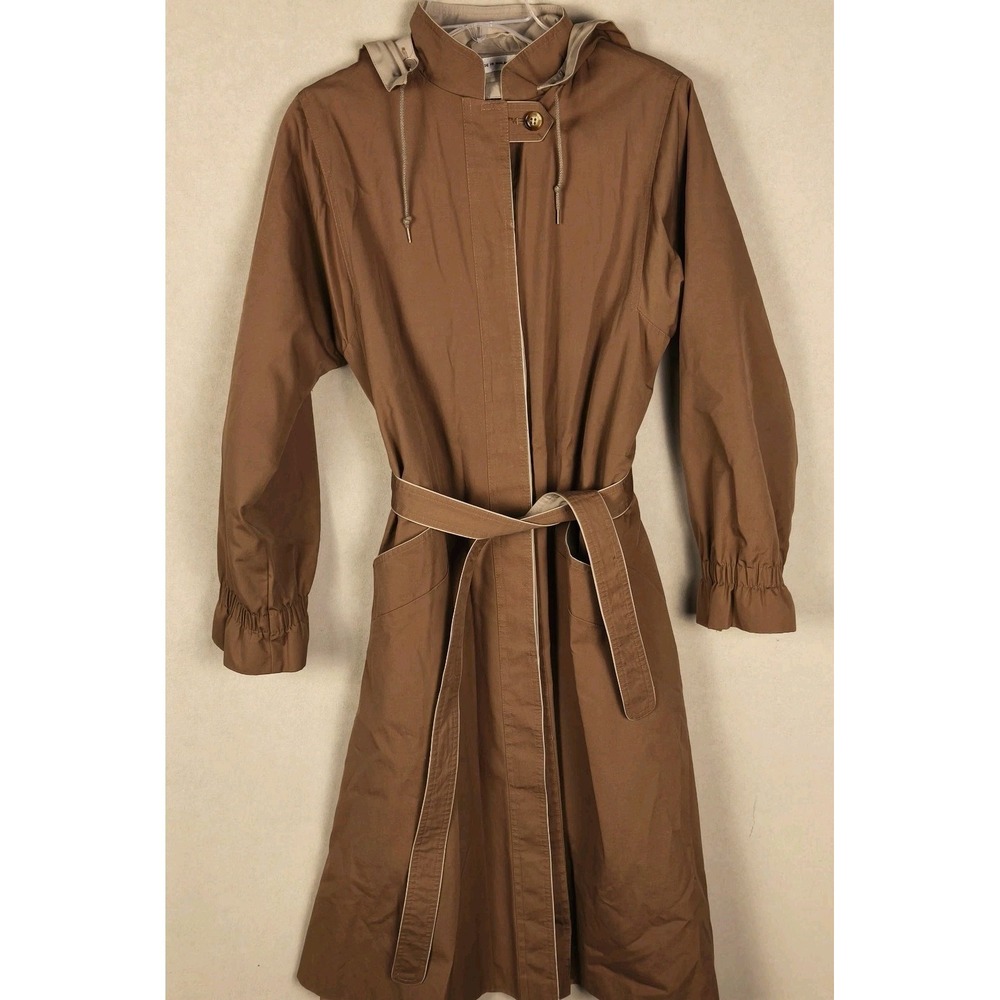 Vintage Wool Blend Tweed Lined Hooded Trench Coat Brown Belted Academic Jacket M